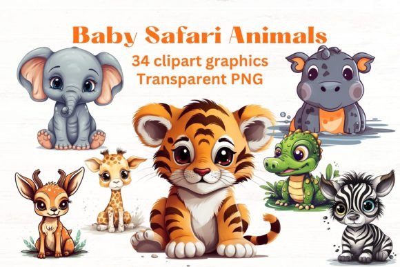 Cute Baby Safari Animals Clipart X34: A Designer's Playful Asset