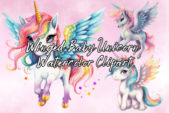 Enchant Your Projects with Winged Baby Unicorn Watercolor Clipart