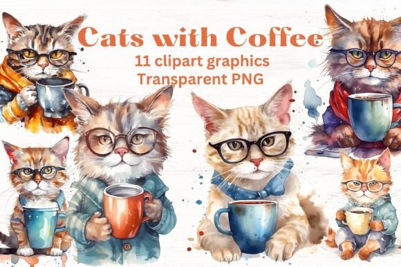 Whimsical Design Assets: Cats Drinking Coffee Clipart